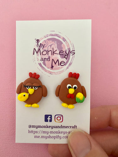 Mumma hen and big red chicken statement studs